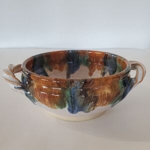 Vintage 1992 HOFFMAN NC Art Pottery Bowl Blue Green Brown Drip Two Handles
